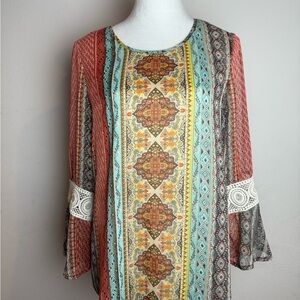 Krazy Kat Women’s Boho Multicolor Tunic Top Sheer Bell Sleeves‎ Size M